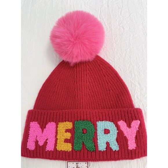 Shiraleah Merry Pom Pom Beanie Red Pink Chenille Holiday Hat NWT - Picture 4 of 6